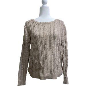 Lands End Cable Knit Fisherman Drifter Sweater Tan Large 14-16